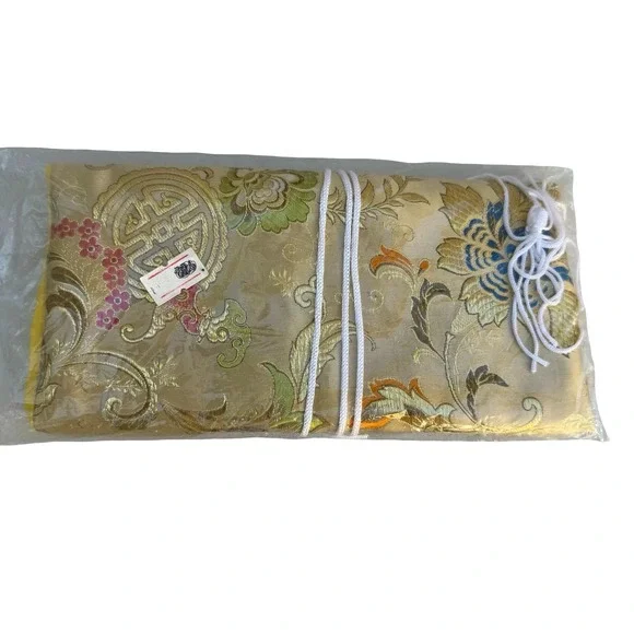 Vintage Gold Silk Brocade Embroidered Jewelry Roll Organizer Travel Case Yellow - Picture 3 of 5